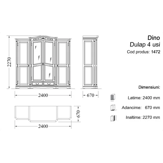Dulap 4 usi - Gino Dulapuri din lemn masiv, Dulap lemn masiv, maro/alb, 4 uși, elemente ornamentale, Gino