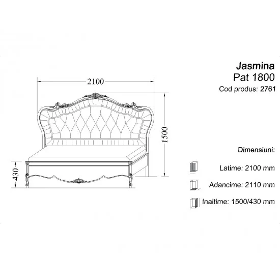 Pat dublu 1800 - Jasmina Paturi din lemn masiv, Pat lemn masiv, maro/alb, dublu, 1800, tapisat, inserții ornamentale, Jasmina