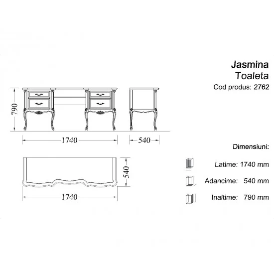 Toaleta - Jasmina Toalete din lemn masiv, Toaletă lemn masiv, maro/alb, 4 sertare, Jasmina