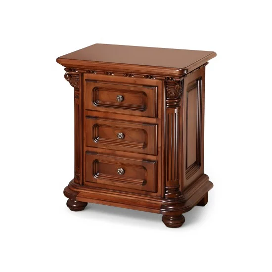 Noptiere din lemn masiv, Noptieră lemn masiv, maro/alb, 3 sertare, inserții Rococo, Veneția Lux