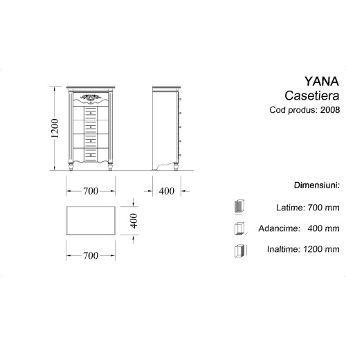 Casetieră lemn masiv, alb, 7 sertare, Yana Casetieră lemn masiv, alb, 7 sertare, Yana