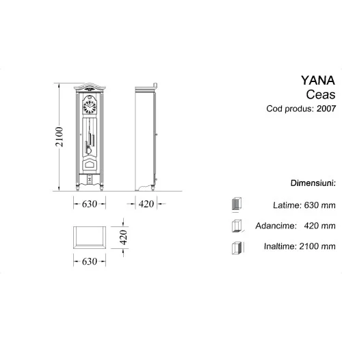 Vitrină cu ceas cu pendul, lemn masiv, alb, 1 ușa, 1 sertar, Yana