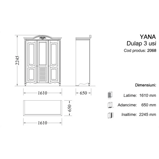 Dulap 3 usi - Yana Dulapuri din lemn masiv, Dulap lemn masiv, alb, 3 uși, Yana