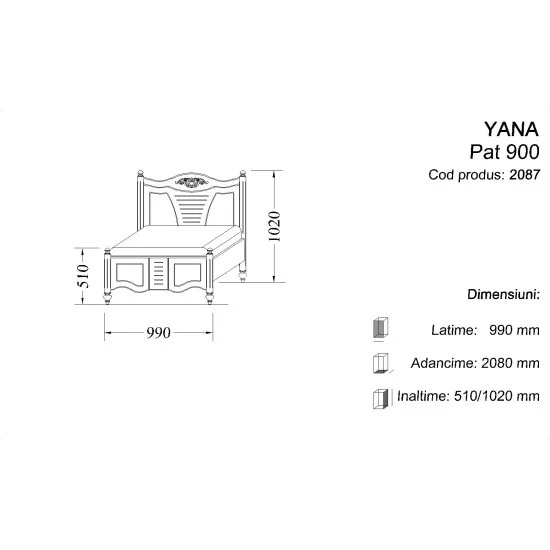 Pat 900 - Yana Paturi din lemn masiv, Pat lemn masiv, alb, single, 900, Yana