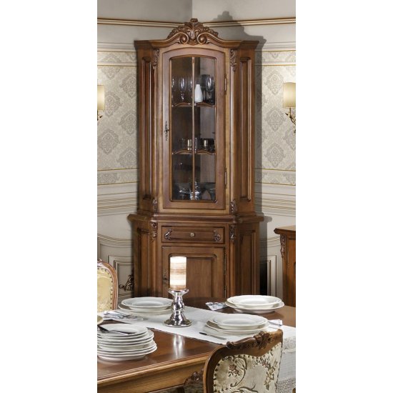 Bufete din Lemn Masiv, Bufet vitrină colț lemn masiv, maro/alb, 2 uși, 1 sertar, Royal