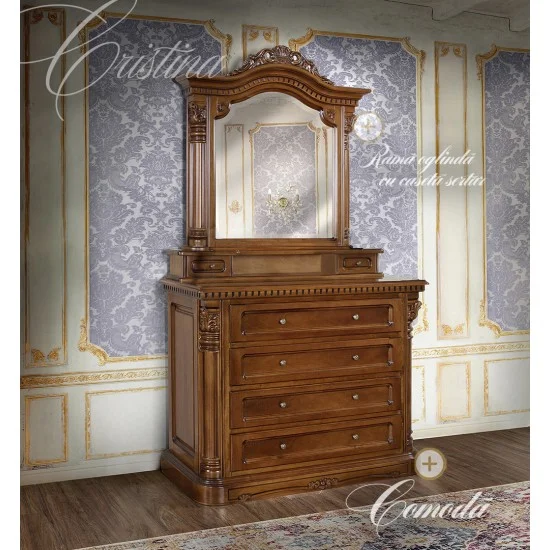 Comoda - Cristina Comode lemn masiv, Comodă lemn masiv, maro/alb, inserții ornamentale sculptate, Cristina