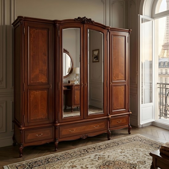 Dulap lemn masiv, maro/alb, 4 uși, inserții ornamentale, Serena