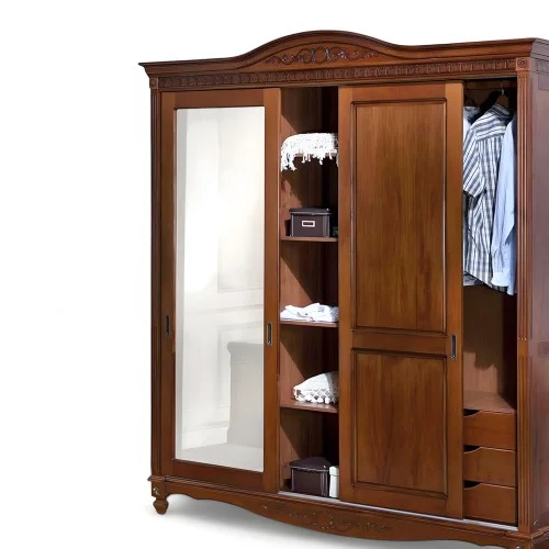 Dulap lemn masiv, maro/alb, cu oglinda, 3 uși glisant, Carina