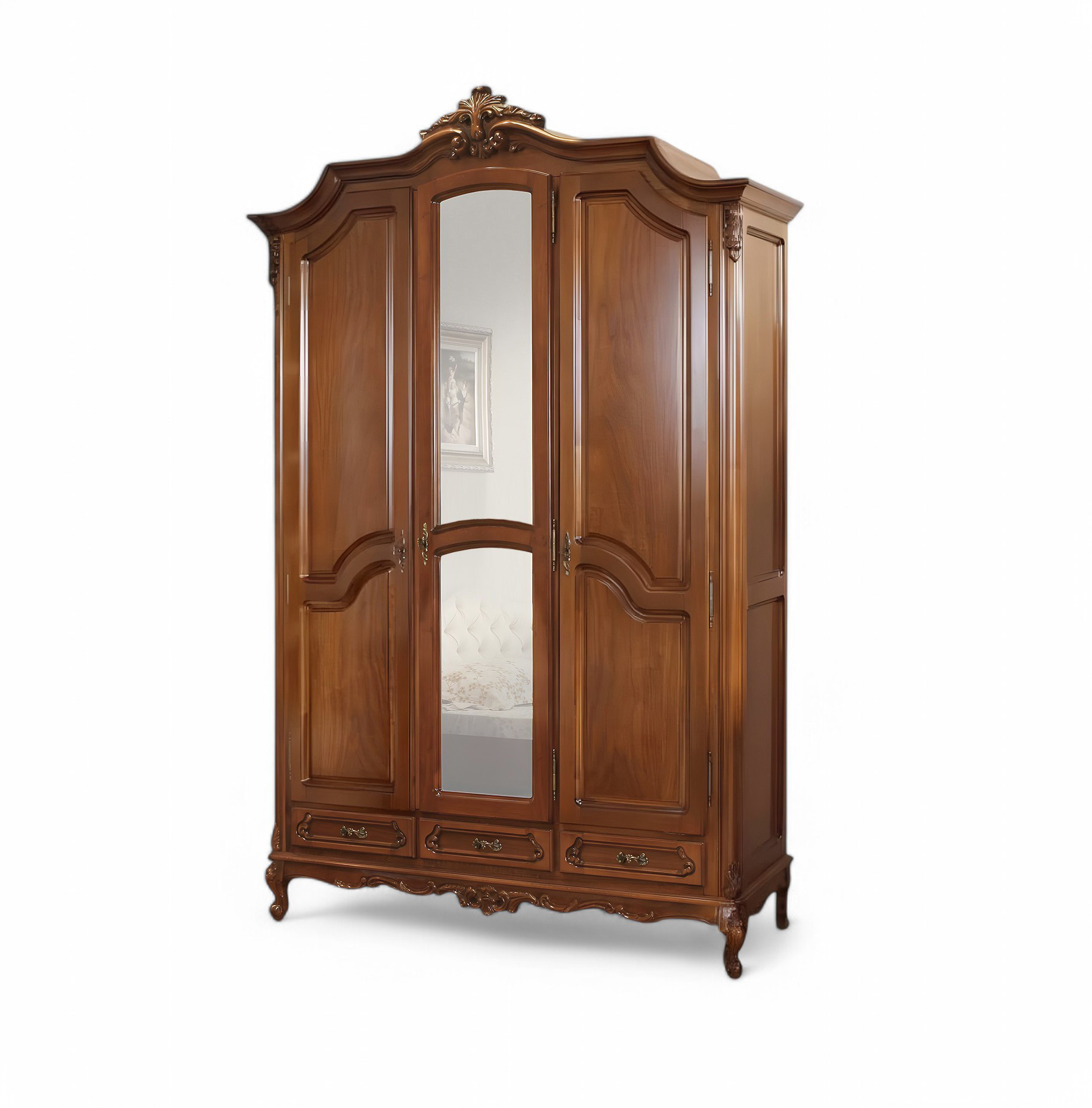 Dulap lemn masiv, maro/alb, 3 uși, inserții ornamentale, Royal
