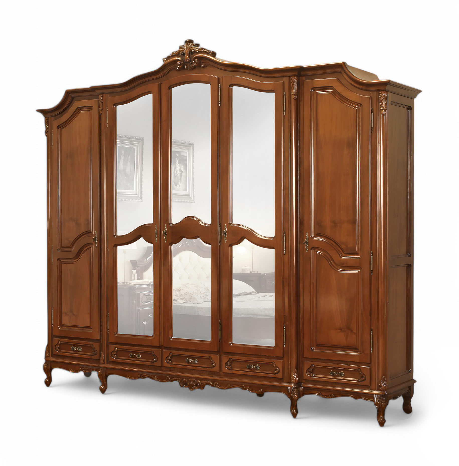 Dulap lemn masiv, maro/alb, 5 uși, inserții ornamentale, Royal