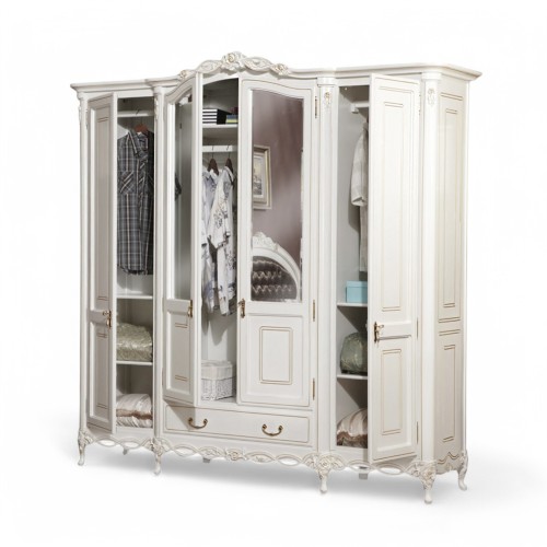 Dulap lemn masiv, alb, 4 uși, oglinzi, Flora