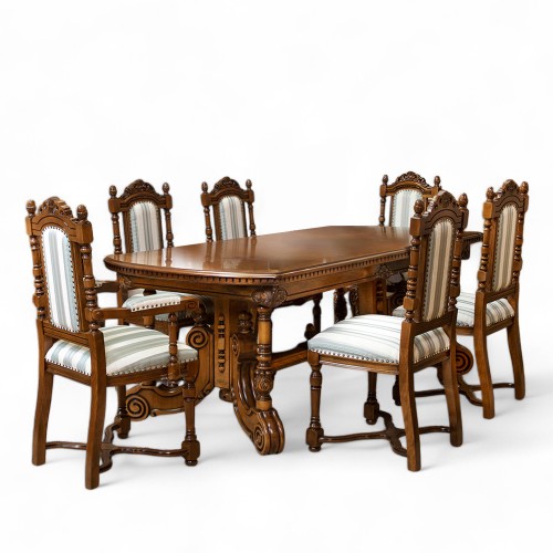 Masă lemn masiv, maro/alb, extensibilă, inserții ornamentale, Cristina Masă lemn masiv, maro/alb, extensibilă, inserții ornamentale, Cristina