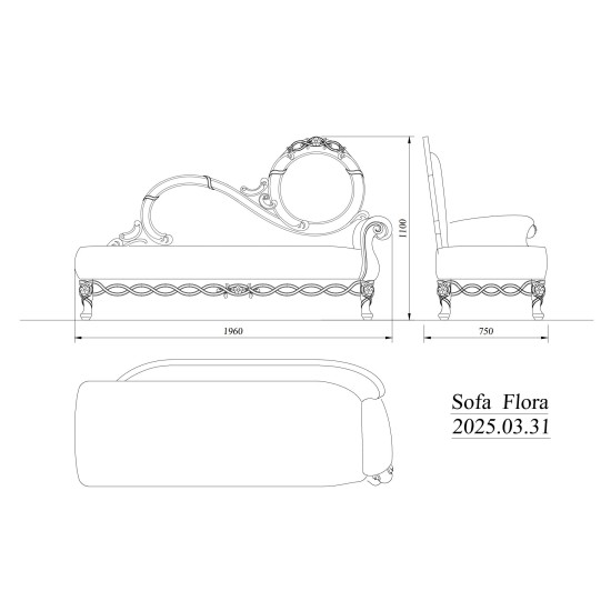 Canapea lemn masiv, 3 locuri, Flora