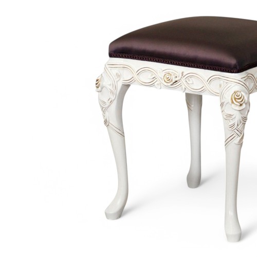 Taburet lemn masiv, maro/alb, tapiserie elegantă, Flora