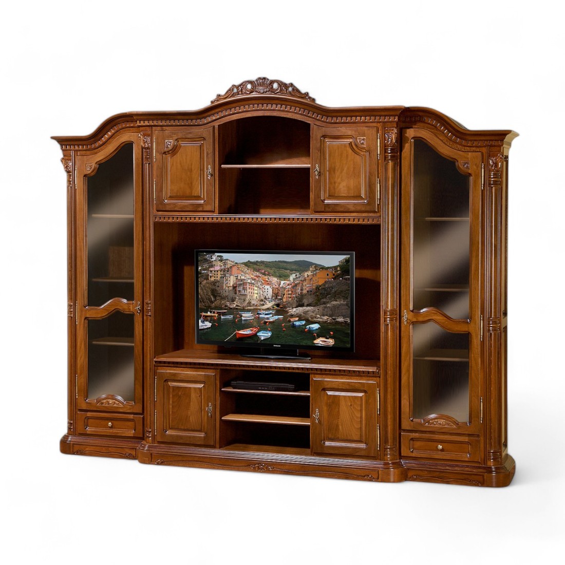 Bibliotecă lemn masiv, maro alb, plasmă, Cristina